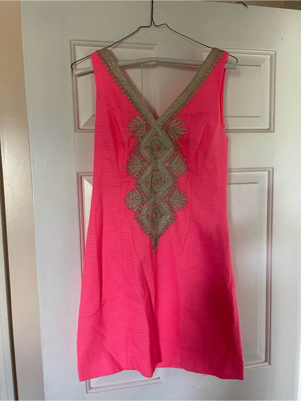 Luli Fama Hot Pink Mini Dress with Gold Embellished V-Back